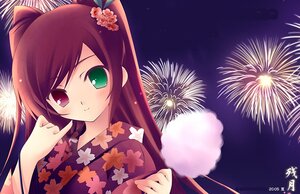 Rating: Safe Score: 0 Tags: 1girl aerial_fireworks blush fireworks floral_print green_eyes heterochromia image japanese_clothes kimono kousaka_tamaki long_hair looking_at_viewer night night_sky red_eyes sky smile solo suiseiseki yukata User: admin