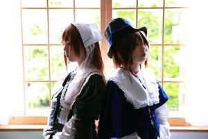 Rating: Safe Score: 0 Tags: 2girls apron back-to-back backlighting brown_hair dress hat indoors long_sleeves maid multiple_cosplay multiple_girls profile suiseiseki sunlight tagme window User: admin