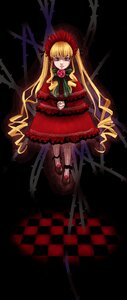 Rating: Safe Score: 0 Tags: 1girl auto_tagged blonde_hair blue_eyes bow bowtie checkered checkered_background checkered_floor dress flower full_body image long_hair looking_at_viewer red_dress rose shinku shoes solo standing twintails User: admin