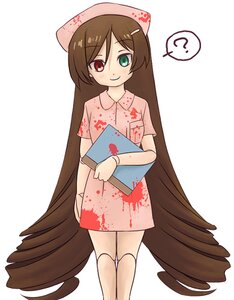 Rating: Safe Score: 0 Tags: ? brown_hair dress green_eyes hair_ornament hat heterochromia image long_hair looking_at_viewer nurse nurse_cap otoko_no_ko red_eyes smile solo spoken_question_mark suiseiseki very_long_hair User: admin