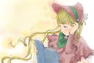 Rating: Safe Score: 0 Tags: 1girl blonde_hair blue_eyes blush bonnet book bow bowtie capelet dress flower frills image long_hair long_sleeves pink_flower pink_rose rose shinku solo User: admin