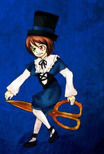 Rating: Safe Score: 0 Tags: 1girl blue_background bow brown_hair dress full_body green_eyes hat heterochromia image long_sleeves red_eyes scissors short_hair solo souseiseki teeth top_hat User: admin