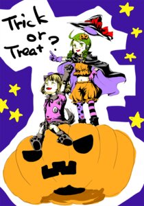 Rating: Safe Score: 0 Tags: bat hair_ornament halloween hat hinaichigo image jack-o'-lantern kanaria multiple_girls pair pumpkin star_(symbol) striped striped_legwear witch witch_hat User: admin
