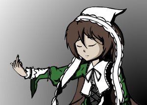 Rating: Safe Score: 0 Tags: 1girl apron braid brown_hair closed_eyes dress frills gradient gradient_background grey_background hat image long_hair long_sleeves ribbon solo suiseiseki User: admin