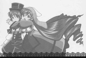 Rating: Safe Score: 0 Tags: 2girls greyscale halftone hat hug image long_hair long_sleeves monochrome multiple_girls open_mouth pair polka_dot short_hair smile souseiseki suiseiseki very_long_hair User: admin