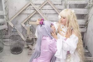 Rating: Safe Score: 0 Tags: 2girls birdcage blonde_hair cage dress flower hair_ornament indoors lips long_hair mirror multiple_cosplay multiple_girls tagme User: admin
