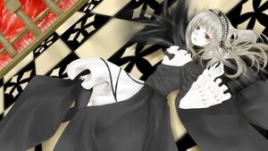Rating: Safe Score: 0 Tags: 1girl argyle argyle_background checkered checkered_background checkered_floor dress flower hairband image lolita_hairband long_hair long_sleeves perspective red_eyes rose solo suigintou tile_floor tiles User: admin