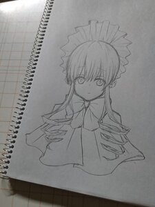 Rating: Safe Score: 0 Tags: 1girl bangs bow bowtie dress drill_hair eyebrows_visible_through_hair greyscale image long_hair looking_at_viewer maid maid_headdress monochrome photo ringlets shinku sidelocks solo traditional_media upper_body User: admin