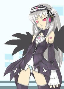 Rating: Safe Score: 0 Tags: 1girl bare_shoulders black_legwear cowboy_shot dress frills hairband image long_hair long_sleeves pink_eyes solo standing striped suigintou thighhighs underwear white_panties wings User: admin