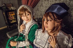 Rating: Safe Score: 0 Tags: 2girls brown_hair curtains dress green_dress green_eyes hat head_scarf lips long_hair multiple_cosplay multiple_girls siblings sisters souseiseki suiseiseki tagme twins User: admin