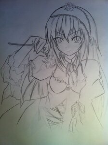 Rating: Safe Score: 0 Tags: 1girl breasts closed_mouth dress eyebrows_visible_through_hair flower hairband holding_flower image long_sleeves looking_at_viewer monochrome rose smile solo suigintou traditional_media User: admin