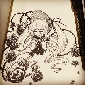 Rating: Safe Score: 0 Tags: 1girl bonnet dress flower gothic_lolita image lolita_fashion long_hair long_sleeves monochrome rose shinku solo thorns twintails vines white_rose User: admin