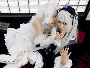 Rating: Safe Score: 0 Tags: 2girls closed_eyes dress frills gothic_lolita hairband lolita_fashion long_hair multiple_cosplay multiple_girls nail_polish red_nails suigintou tagme white_hair window User: admin