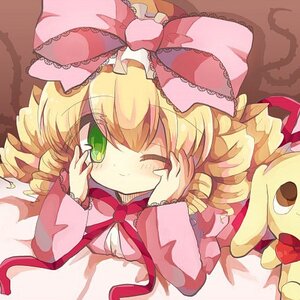Rating: Safe Score: 0 Tags: 1girl blonde_hair blush bow dress drill_hair frills green_eyes hands_on_own_face hina_ichigo hinaichigo image long_sleeves lying one_eye_closed pink_bow smile solo traditional_media twin_drills User: admin