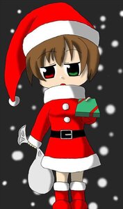 Rating: Safe Score: 0 Tags: 1girl blush boots brown_hair christmas gift green_eyes hat heterochromia holding holding_gift image red_eyes sack santa_costume santa_hat short_hair snow solo suiseiseki User: admin