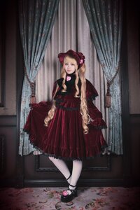 Rating: Safe Score: 0 Tags: 1girl blonde_hair blue_eyes bow curtains dress flower long_hair red_dress rose shinku solo window User: admin
