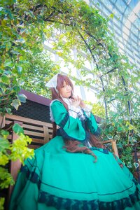 Rating: Safe Score: 0 Tags: 1girl apron blue_dress brown_hair day dress garden green_dress long_hair long_sleeves outdoors solo suiseiseki User: admin