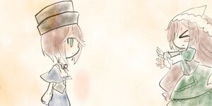 Rating: Safe Score: 0 Tags: 2girls apron blue_dress brown_hair closed_eyes dress green_dress hat image long_hair multiple_girls pair short_hair souseiseki suiseiseki User: admin