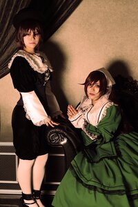 Rating: Safe Score: 0 Tags: 2girls brown_hair dress green_eyes hat lips lipstick makeup multiple_cosplay multiple_girls short_hair sitting smile tagme User: admin