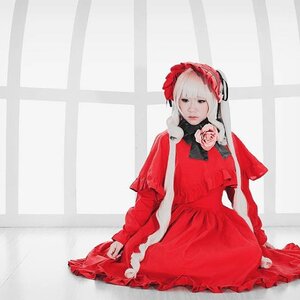 Rating: Safe Score: 0 Tags: 1girl blonde_hair bonnet dress flower frills joints long_hair long_sleeves looking_at_viewer pink_rose red_dress rose shinku silver_hair sitting solo window User: admin