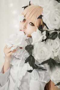 Rating: Safe Score: 0 Tags: 1girl bangs black_ribbon blonde_hair dress kirakishou lips long_hair long_sleeves looking_at_viewer ribbon solo upper_body white_dress User: admin