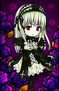 Rating: Safe Score: 0 Tags: 1girl blush dress flower frills gothic_lolita hairband image lolita_fashion long_hair long_sleeves looking_at_viewer purple_flower purple_rose red_eyes rose solo suigintou User: admin