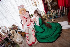 Rating: Safe Score: 0 Tags: 2girls bangs blonde_hair book brown_hair chair curtains dress flower frills green_dress hat holding_hands indoors long_hair long_sleeves looking_at_viewer multiple_cosplay multiple_girls red_footwear ribbon rose shoes sitting table tagme vase white_legwear window User: admin