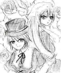Rating: Safe Score: 0 Tags: 2girls capelet flower frills hat hat_flower image long_hair looking_at_viewer monochrome multiple_girls pair pink_rose ribbon rose short_hair siblings sisters souseiseki suigintou suiseiseki thorns white_rose User: admin