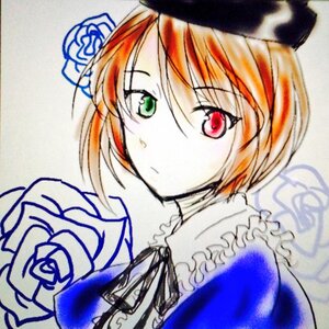 Rating: Safe Score: 0 Tags: 1girl black_neckwear black_ribbon blue_flower blue_rose eyebrows_visible_through_hair flower frills green_eyes hat image looking_at_viewer neck_ribbon red_eyes ribbon rose short_hair solo souseiseki traditional_media upper_body white_rose User: admin