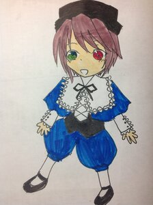 Rating: Safe Score: 0 Tags: 1girl blue_dress brown_hair dress full_body green_eyes hat heterochromia image long_sleeves looking_at_viewer open_mouth pantyhose red_eyes shoes short_hair simple_background smile solo souseiseki traditional_media white_legwear User: admin