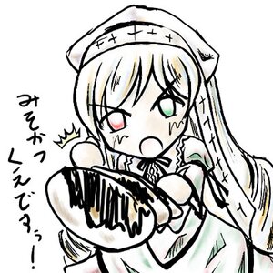Rating: Safe Score: 0 Tags: 1girl blush dress food green_eyes hat head_scarf heterochromia image long_hair long_sleeves open_mouth simple_background solo suiseiseki white_background User: admin