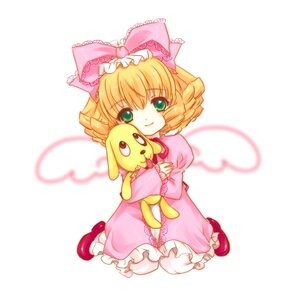 Rating: Safe Score: 0 Tags: 1girl blonde_hair bloomers bow dress full_body green_eyes heart heart_of_string hina_ichigo hinaichigo image mary_janes pink_bow pink_dress shoes short_hair sitting smile solo stuffed_animal underwear User: admin