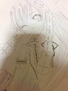Rating: Safe Score: 0 Tags: 1girl braid dress greyscale image long_hair long_sleeves looking_at_viewer monochrome one_eye_closed solo suiseiseki traditional_media twin_braids upper_body User: admin