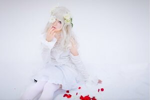 Rating: Safe Score: 0 Tags: 1girl dress flower hair_flower hair_ornament kirakishou lips long_hair petals sitting solo striped vertical_stripes white_dress white_flower white_hair User: admin