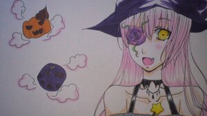 Rating: Safe Score: 0 Tags: 1girl bare_shoulders black_headwear choker cloud cross eyepatch fang halloween hat image jack-o'-lantern kirakishou long_hair open_mouth pink_hair pumpkin smile solo traditional_media watercolor_(medium) witch_hat yellow_eyes User: admin
