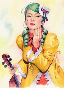 Rating: Safe Score: 0 Tags: 1girl dress drill_hair flower green_hair hair_ornament image instrument jewelry kanaria lipstick makeup nail_polish rose solo traditional_media User: admin
