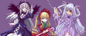 Rating: Safe Score: 0 Tags: 3girls :d arm_up artist_request barasuishou black_ribbon black_wings blonde_hair blue_dress blue_eyes blue_flower blue_rose bow bowtie brown_eyes cowboy_shot cross-laced_clothes dress eyepatch flower flower_eyepatch frilled_sleeves frills green_bow green_neckwear grin hair_flower hair_ornament hairband hat image long_hair long_sleeves looking_at_viewer maid_headdress multiple multiple_girls open_mouth parted_lips pink_eyes pink_flower pink_rose purple_background red_dress ribbon rose rozen_maiden shinku silver_hair simple_background smile suigintou tagme twintails very_long_hair walking_stick wings User: admin