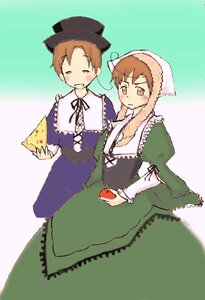 Rating: Safe Score: 0 Tags: apple blush brown_eyes brown_hair closed_eyes dress food fruit hat holding holding_fruit image long_sleeves multiple_girls pair siblings sisters souseiseki suiseiseki User: admin