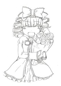 Rating: Safe Score: 0 Tags: 1girl blush bouquet bow closed_eyes dress drill_hair flower greyscale hair_bow hinaichigo holding_bouquet image monochrome open_mouth rose smile solo User: admin