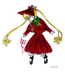 Rating: Safe Score: 0 Tags: 1girl blonde_hair blue_eyes blush bonnet bow bowtie dress frills full_body green_bow green_neckwear image long_hair long_sleeves red_dress shinku shoes simple_background solo twintails very_long_hair white_background User: admin