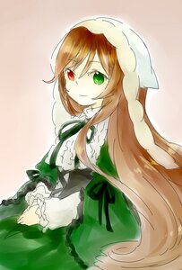 Rating: Safe Score: 0 Tags: 1girl brown_hair dress frills green_dress green_eyes head_scarf heterochromia image long_hair long_sleeves looking_at_viewer looking_back red_eyes simple_background smile solo suiseiseki very_long_hair User: admin