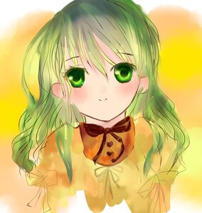 Rating: Safe Score: 0 Tags: 1girl blush closed_mouth dress eyebrows_visible_through_hair green_eyes green_hair image kanaria long_hair looking_at_viewer neck_ribbon orange_background ribbon smile solo upper_body yellow_dress User: admin