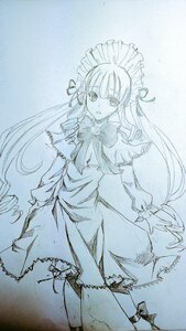 Rating: Safe Score: 0 Tags: 1girl blue_theme dress eyebrows_visible_through_hair hair_ribbon image long_hair long_sleeves looking_at_viewer maid_headdress monochrome ribbon shinku smile solo standing traditional_media very_long_hair User: admin