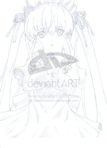 Rating: Safe Score: 0 Tags: 1girl auto_tagged blush dress eyebrows_visible_through_hair hair_ribbon holding image long_hair long_sleeves looking_at_viewer maid_headdress monochrome ribbon shinku solo User: admin