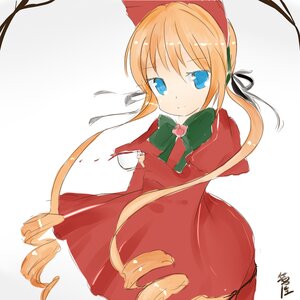 Rating: Safe Score: 0 Tags: 1girl blonde_hair blue_eyes bow bowtie capelet dress drill_hair green_neckwear hair_ribbon image long_hair long_sleeves looking_at_viewer red_dress ribbon shinku simple_background solo twin_drills white_background User: admin