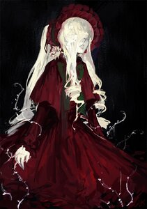 Rating: Safe Score: 0 Tags: 1girl black_background blonde_hair dress flower image long_hair long_sleeves pale_skin red_dress shinku solo very_long_hair white_hair User: admin