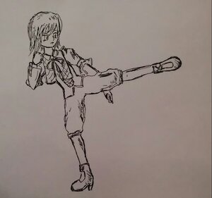 Rating: Safe Score: 0 Tags: 1girl ankle_boots boots fighting_stance full_body greyscale image kanaria long_sleeves monochrome pants shoes solo standing standing_on_one_leg traditional_media User: admin