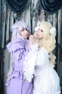 Rating: Safe Score: 0 Tags: 2girls blonde_hair curtains dress flower frills hair_flower hair_ornament holding_hands indoors long_hair looking_at_viewer multiple_cosplay multiple_girls pale_skin striped tagme User: admin