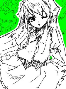 Rating: Safe Score: 0 Tags: 1girl blush closed_mouth dress frills image long_sleeves looking_at_viewer monochrome oekaki one_eye_closed simple_background solo suiseiseki white_background User: admin