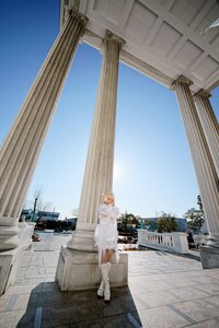 Rating: Safe Score: 0 Tags: 1girl animal_ears blonde_hair blue_sky building cloud day dress kirakishou outdoors sky solo standing white_dress User: admin